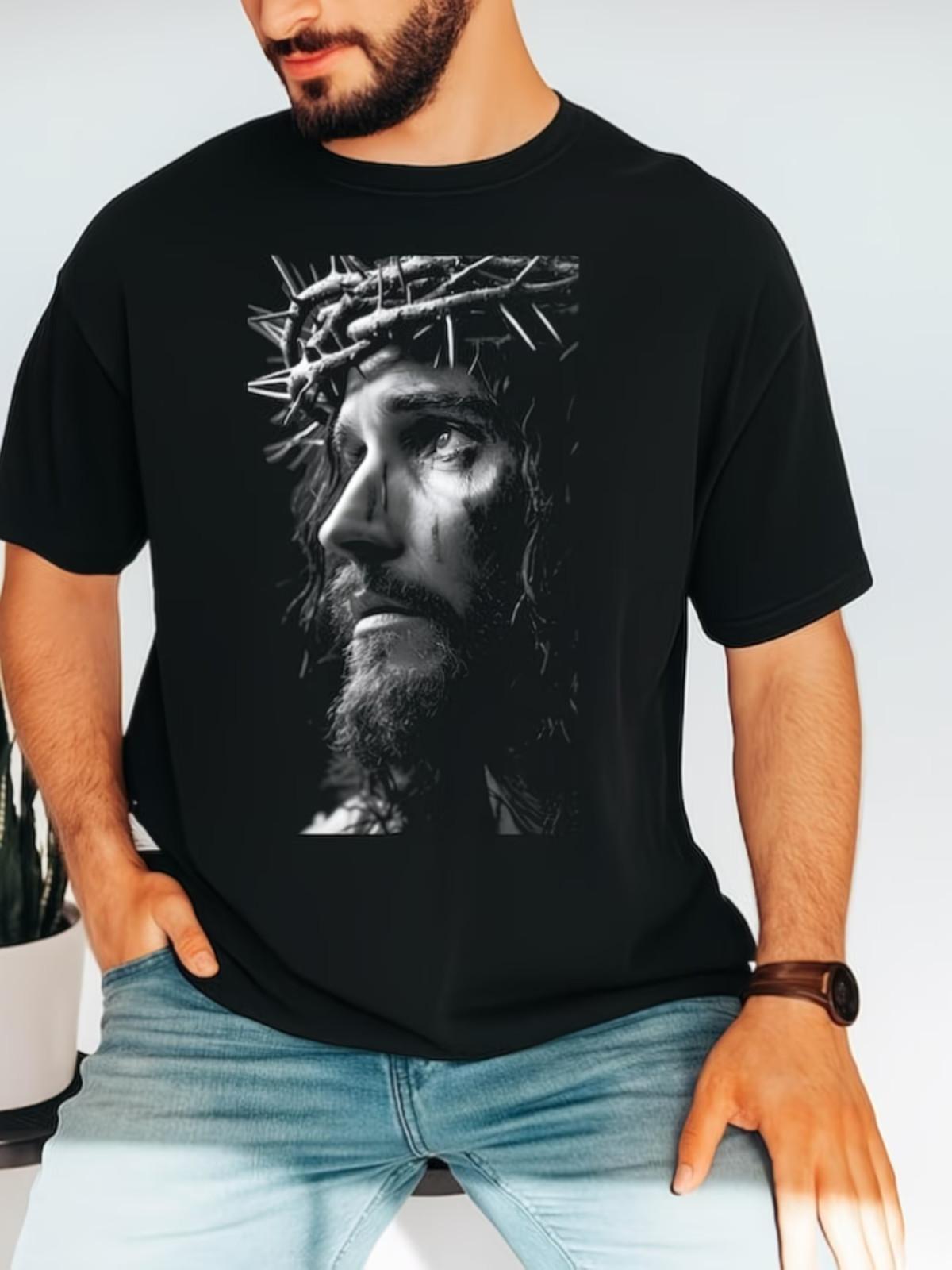 Jesus Face T-Shirt Thorn Crown Graphic Tee Christian Faith Apparel For Men XXXL