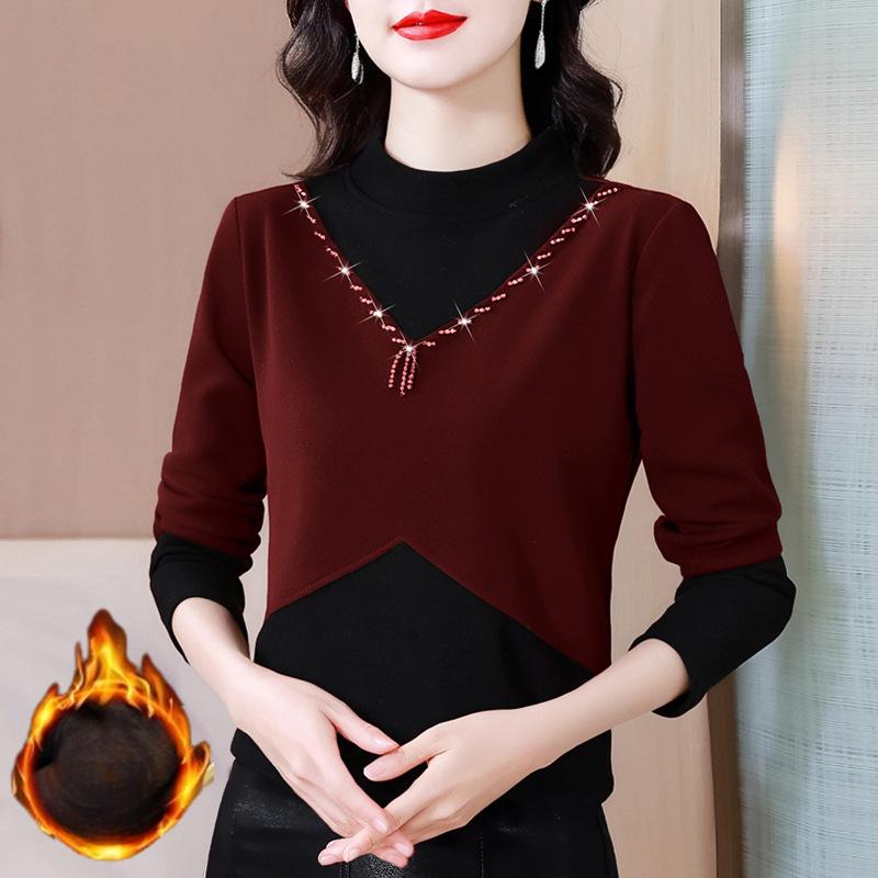 Winter Base Shirt for Women with Thick Contrasting Half-turtleneck Top Long Sleeve T-shirt Fashionable Shirt
