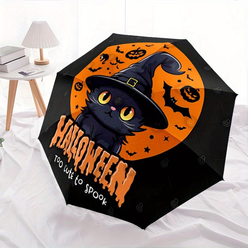 1pc Cute Happy Halloween Cat Witch Hat Automatic 3-Fold Umbrella Design, Cute Cartoon Pattern, Portable Outdoor Umbrella, Perfect, Holiday G