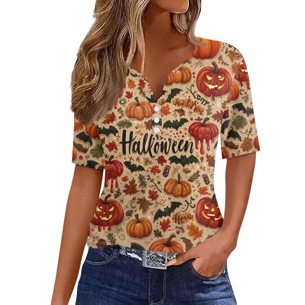 Women's T Shirt Halloween Print Button Short Sleeve Daily Weekend Fashion Basic V- Neck Regular Top