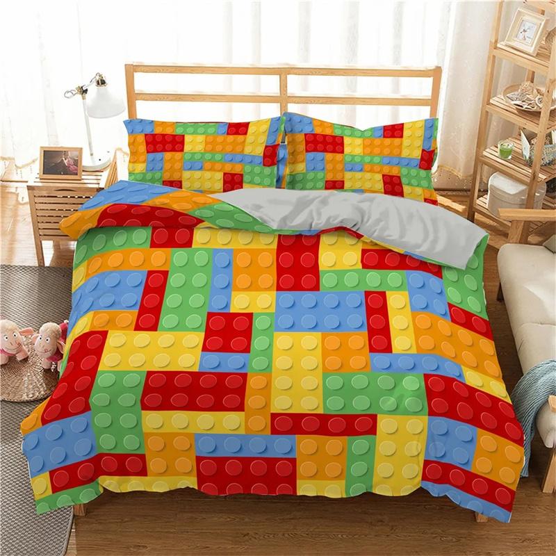 Colorful Toy King Queen Duvet Cover 3D Building Block Pattern Bedding Collection Fun Brick Quilt Cover Gradient Rainbow Comforter Cover