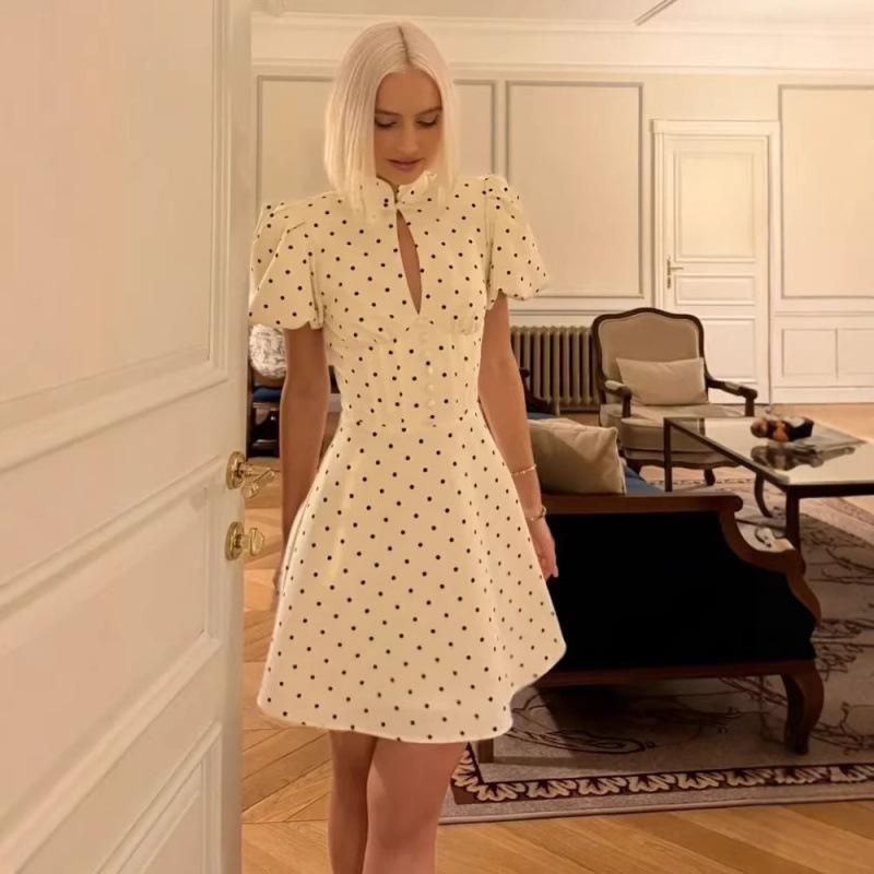 Nuovo Mini Abito a Pois Stile Francese Donna Scollo Alto Foro Chiave Maniche a Palloncino Vita Corsetto Gonna ad A-line Elegante Abito Ispirato al Vintage per la Serata