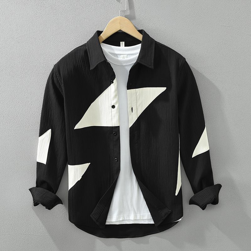 

Men s Black and White Geometric Print Long Sleeve Button-Down Shirt S чорний