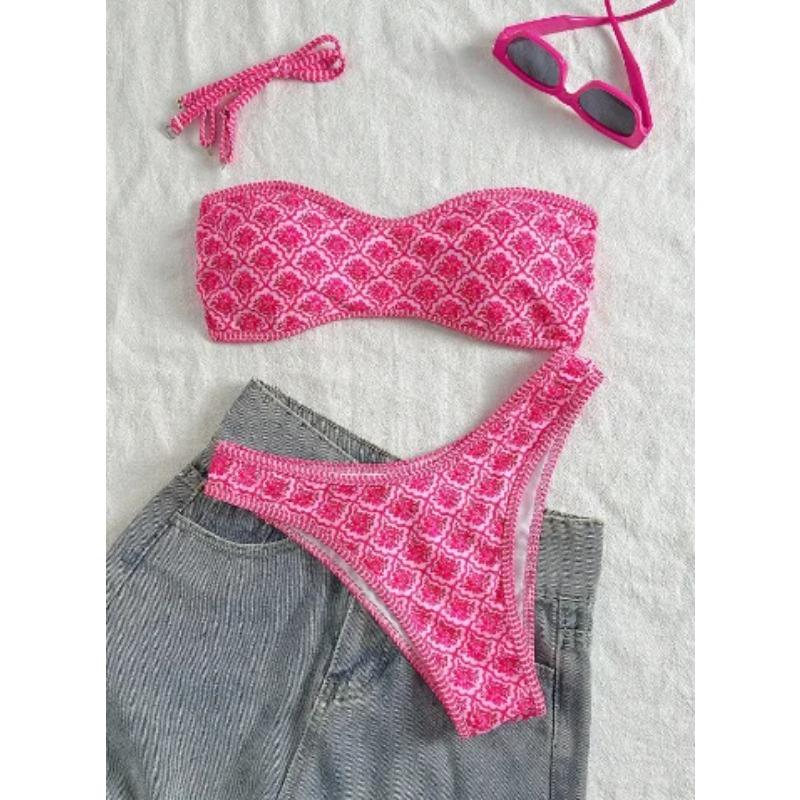 Sexy Bandeau Bikini 2026 Women Green Floral Pleate Push Up Padded Thong Swimsuit Summer Bathing Suit Two Piece Swimwear Biquini