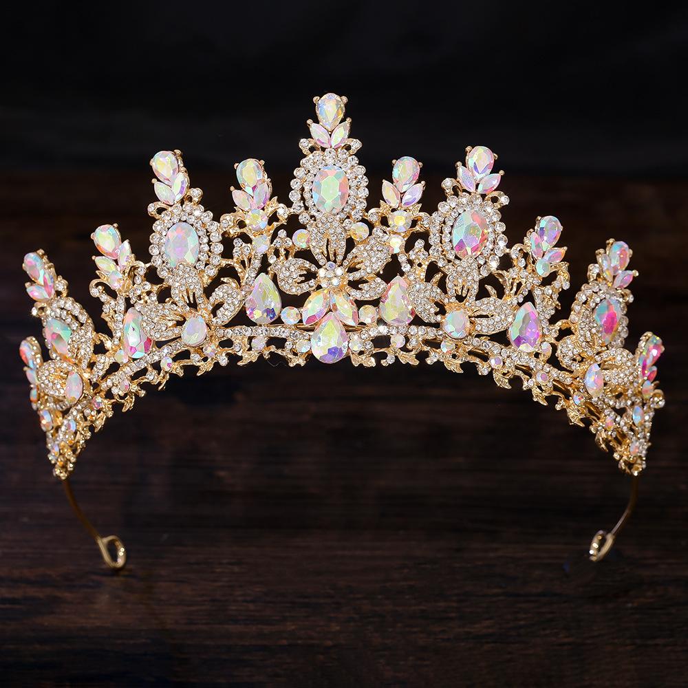 Gold Color Champagne Royal Queen Rhinestone Wedding Crown for Women Crystal Banquet Tiara Party Costume Hair Jewelry Accessories