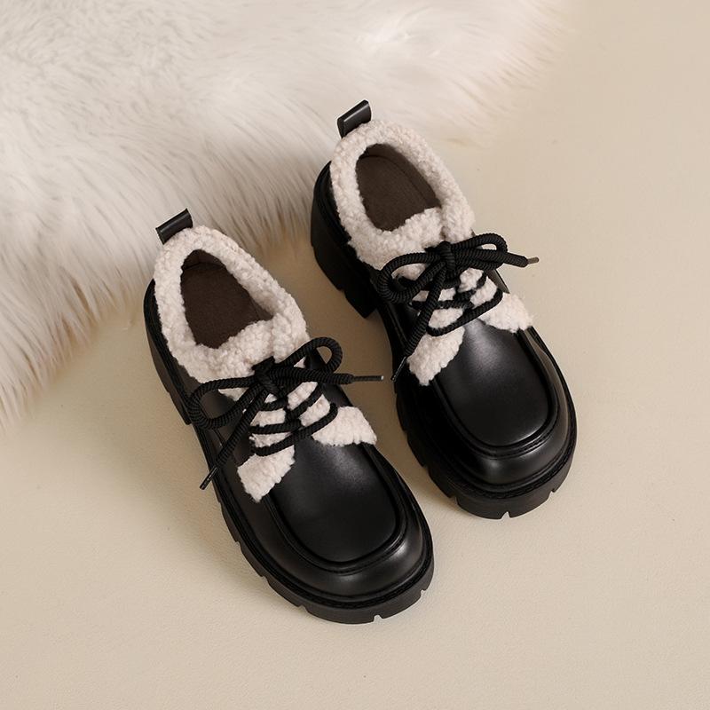 Loafers platform-soled velvet single shoes women's 2025 autumn and winter new fluffy shoes thick heel cotton shoes warm lace-up small leather shoes