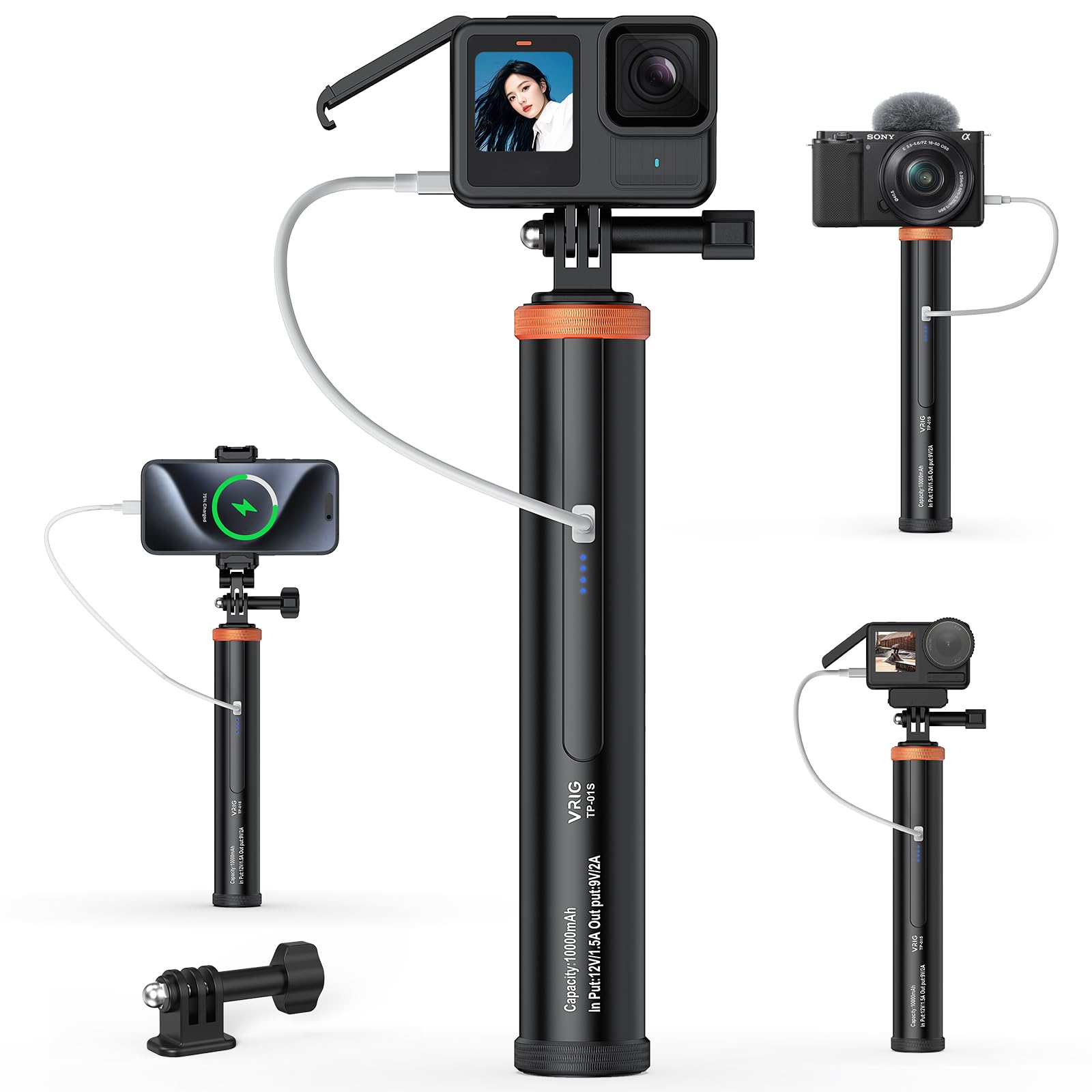 

VRIG Grip Camera Hand Rechargeable 10000mAh Compatible with GoPro DJI Osmo Action 5 AKASO Brave Insta360 Ace Pro iPhone Android Grip, Battery,