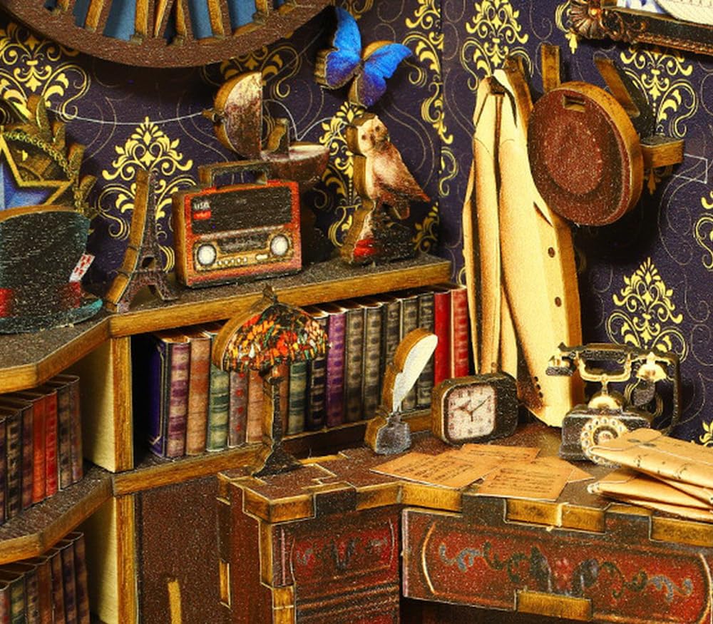 Moin Moin Dollhouse Miniature Handmade Kit Set Book Paper Craft Easy Assembly Detective Agency Bookend Interior Beautiful Classical Retro Realistic