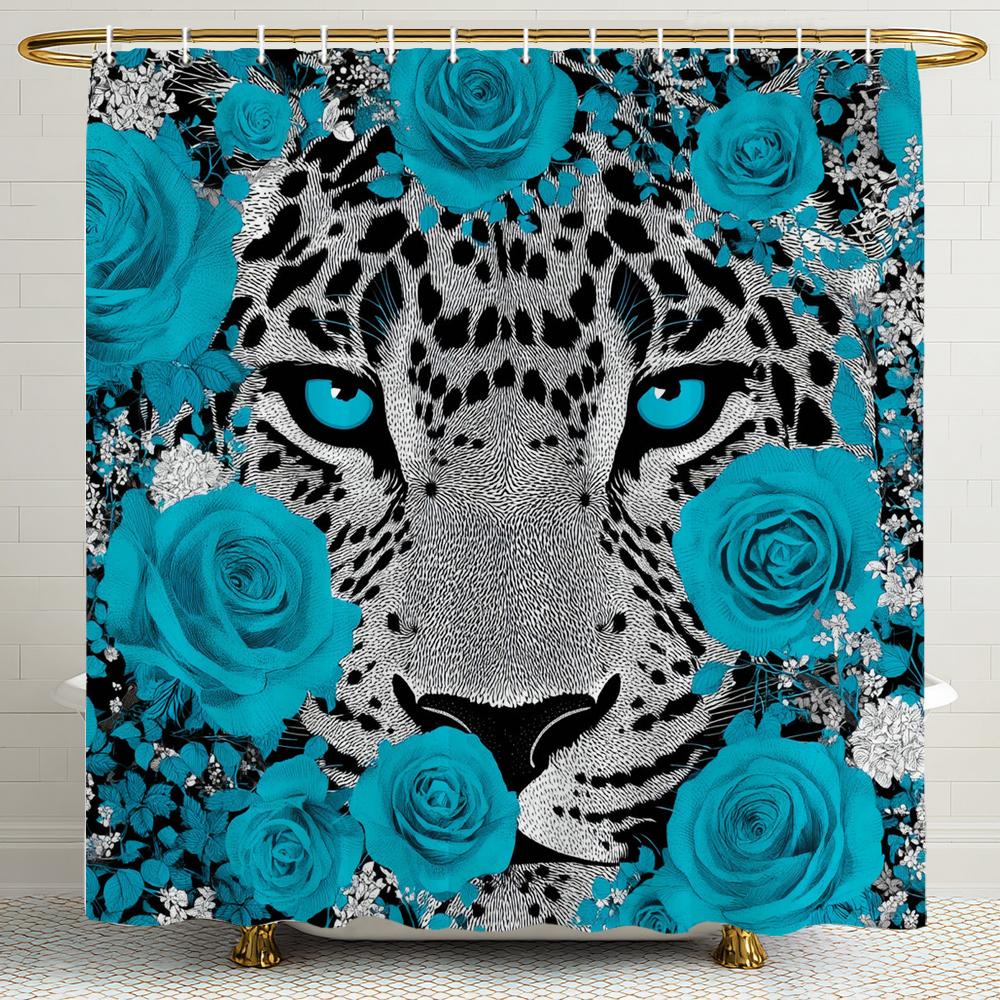 Cougar And Red,Blue Rose Shower Curtain, Animal Pattern Bathroom Decorative Shower Curtain, Printed Shower Curtain With Hooks