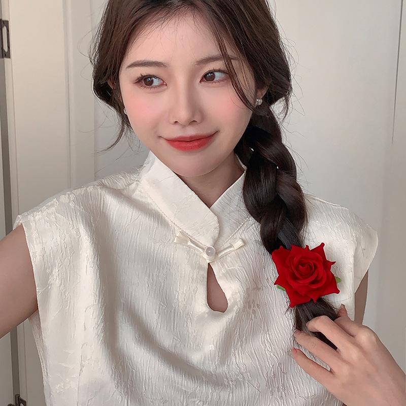 Fabric red rose atmosphere side hairpin Internet celebrity same photo ponytail duckbill clip small fresh and sweet hairpin