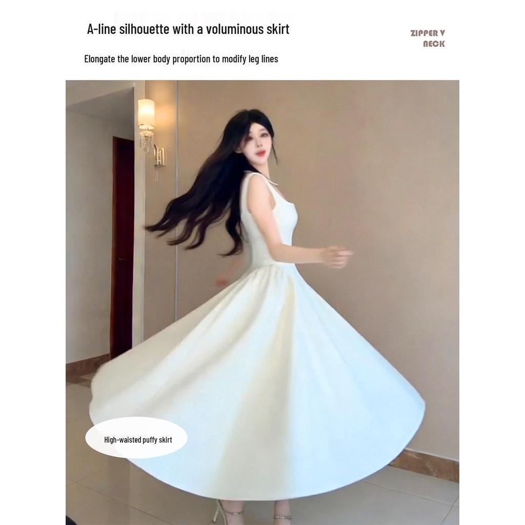 Elegant Women's Spaghetti Strap Waist-Cinched White Long Dress - Early Spring 2026 Collection, Romantic & Formal Design