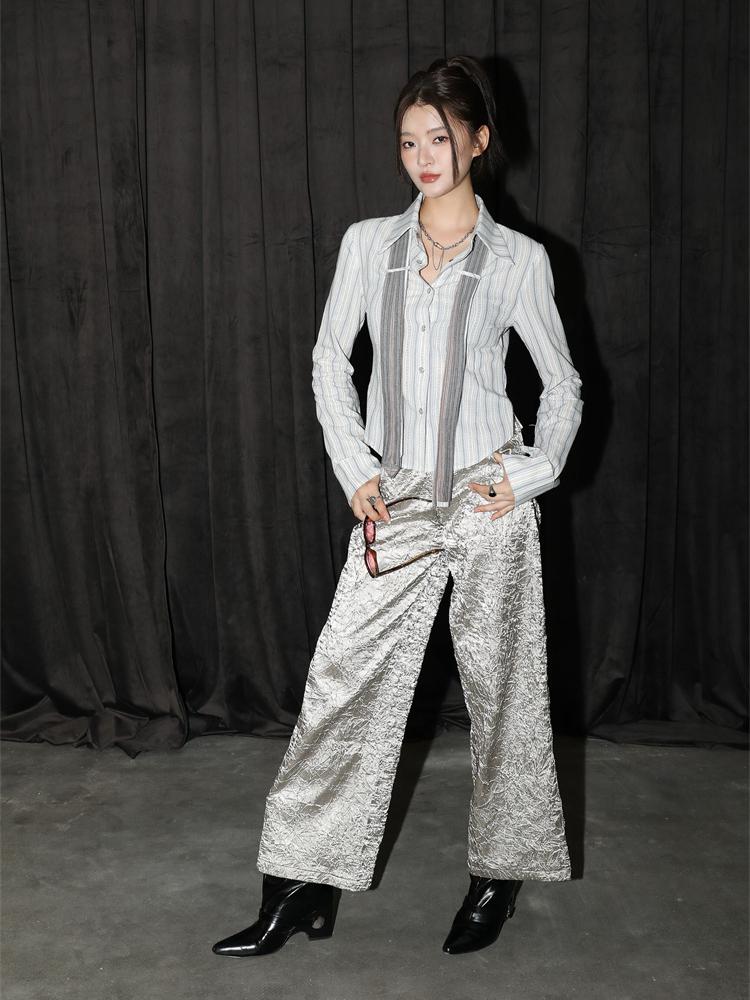 2000-tallets Estetikk Vintage Stripete Skjorter Kvinner Preppy Stil Knytedesign Løse Bluser Dame Motesans Y2k Kontortopper Ny