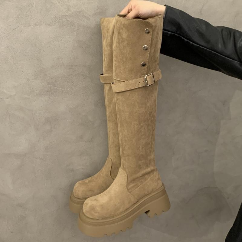 Design Belt Buckle Pleated Women Knee High Boots Fashion Thick Heels Party Dress Shoes Autumn Winter Ladies Slim Long Booties