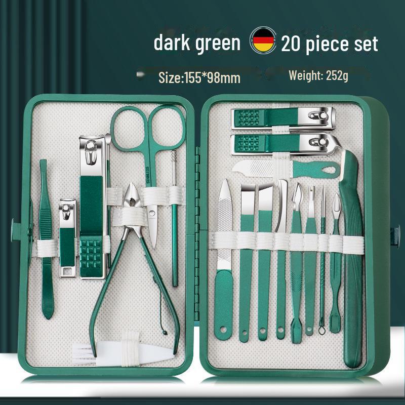 26-Piece Dark Green Stainless Steel Manicure Set: Nail Clippers, Dead Skin Remover, Scissors
