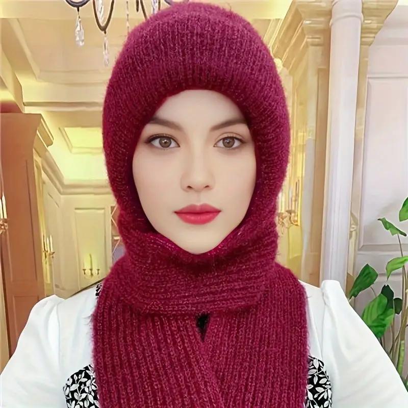 Womens Warm Knit Hat Scarf One Piece Woolen Thermal Hat with Ear Protection Windproof Winter Outdoor Accessories Christmas Gift