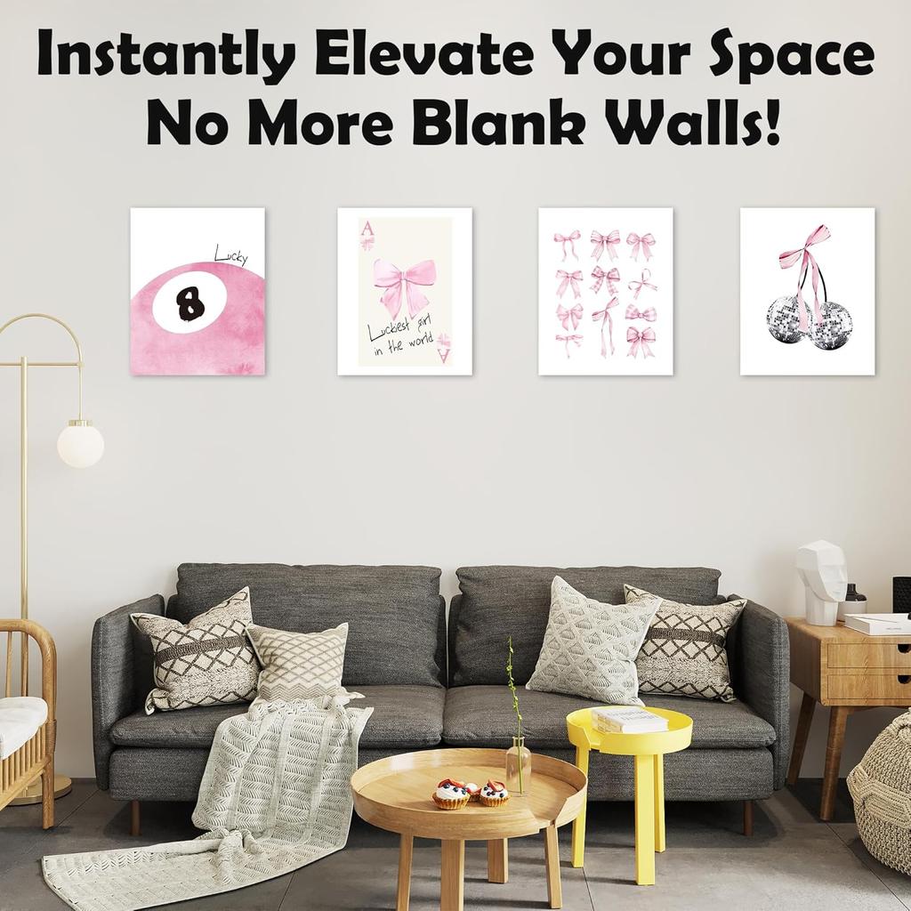Set Of 4 Coquette Bow Print Poster - 8 x 10 Inch Pink Bow Disco 8 Ball Cherry Wall Painting Poster For Teen Girls- Preppy Room Decor Aesthetic Wall