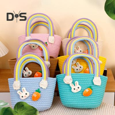 Easter Woven Basket with Handle Cotton Woven Bunny Egg Hunt Basket with Rabbit And Carrot Empty Easter Treat Bag for Gifts Candy