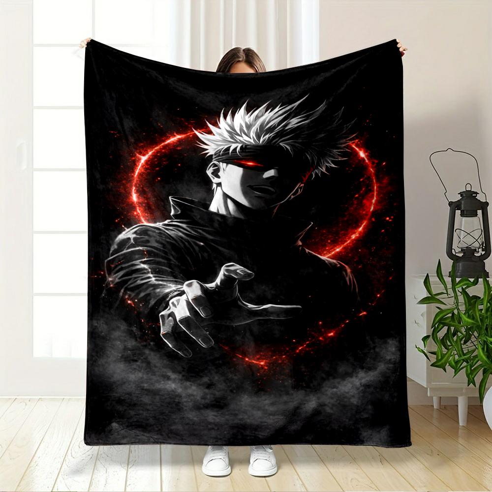 Anime Character with Red Aura and White Hair Design Warm Blanket, Flannel Blanket for Bedroom, Living Room, Sofa, and Nap.