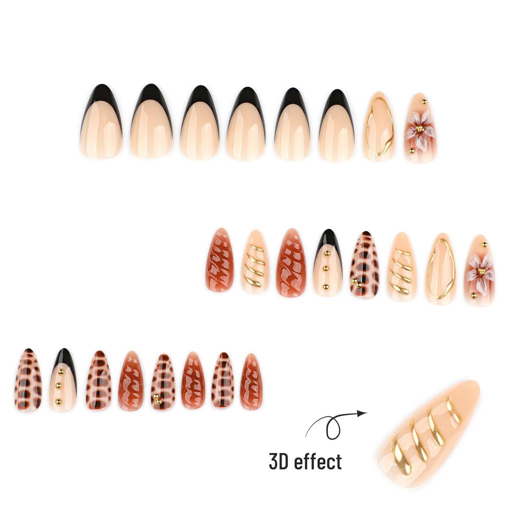 3D Crocodile Pattern French Black Almond Nail Tips for Autumn & Winter