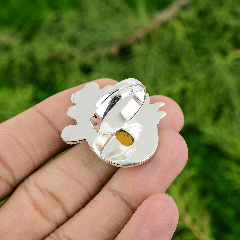 925 Sterling Silver Tiger's Eye Gemstone Birthday Solitaire Flower Ring Jewelry