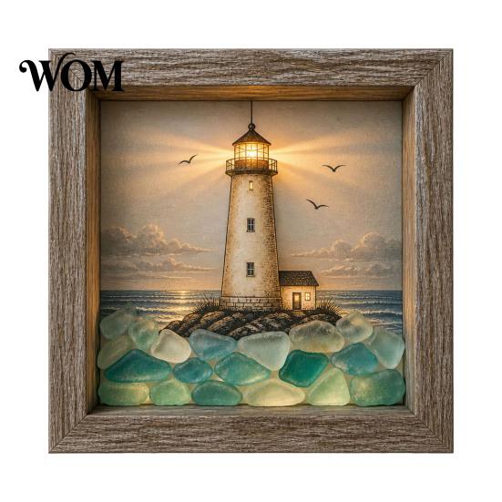 Decorative Picture Frame Sea Glass Art Painting with LED Light, DIY Mosaic Arts and Craft Kit, Light Ocean Themed Beach Kit for Home Office Bookshelf