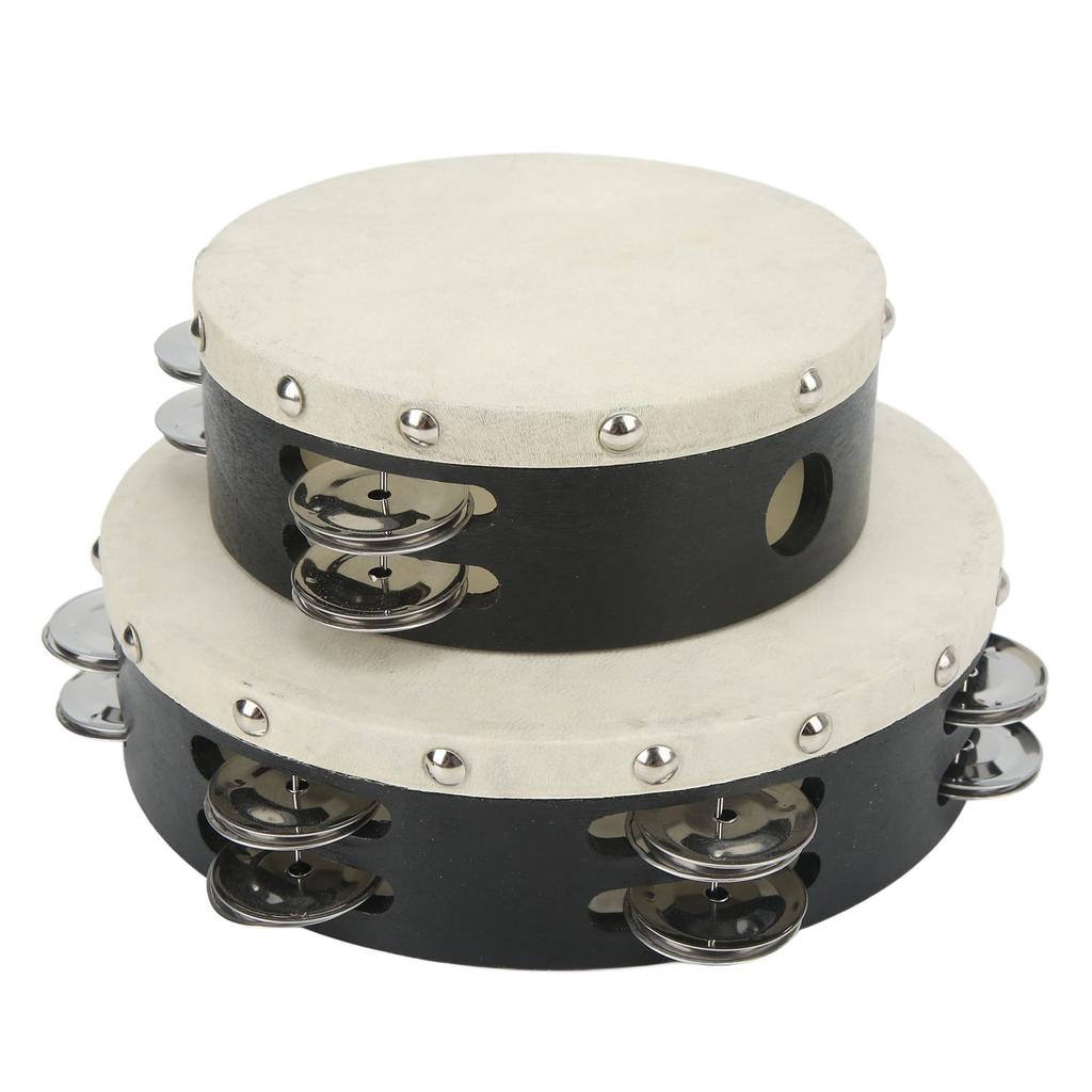 2PCS Wooden Hand Drum Double Row Metal Jingle Bells Sheepskin Percussion Tambourine 6in 8in