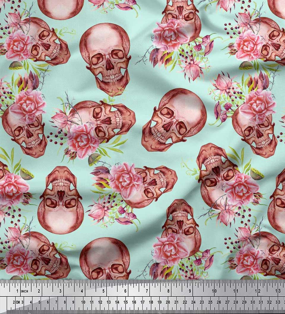 

Японська креп-атласна тканина Soimoi з черепом і квітковим декором бегонії, принтований метр, 42 дюйми 42 Inch Wide - Poly Crepe зелений