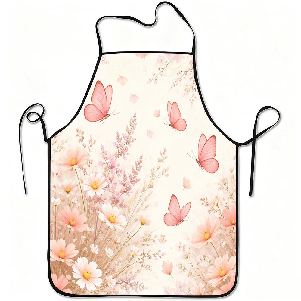 1pc Pink Butterfly And Flower Print Apron, Durable And Easy to Clean, Adjustable Waistband, Polyester Material, for Kitchen Cooking, Gardening, Orchar