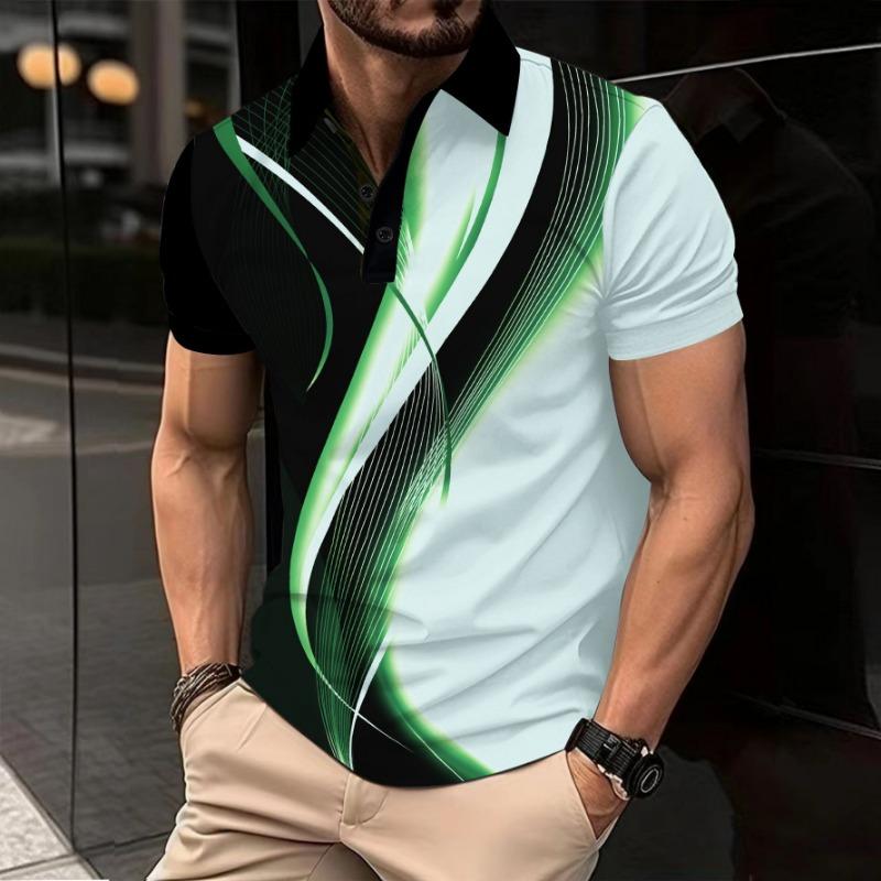 Men's Casual Polo Shirt Printed Collar Button Business Color Blocked Versatile T-shirt