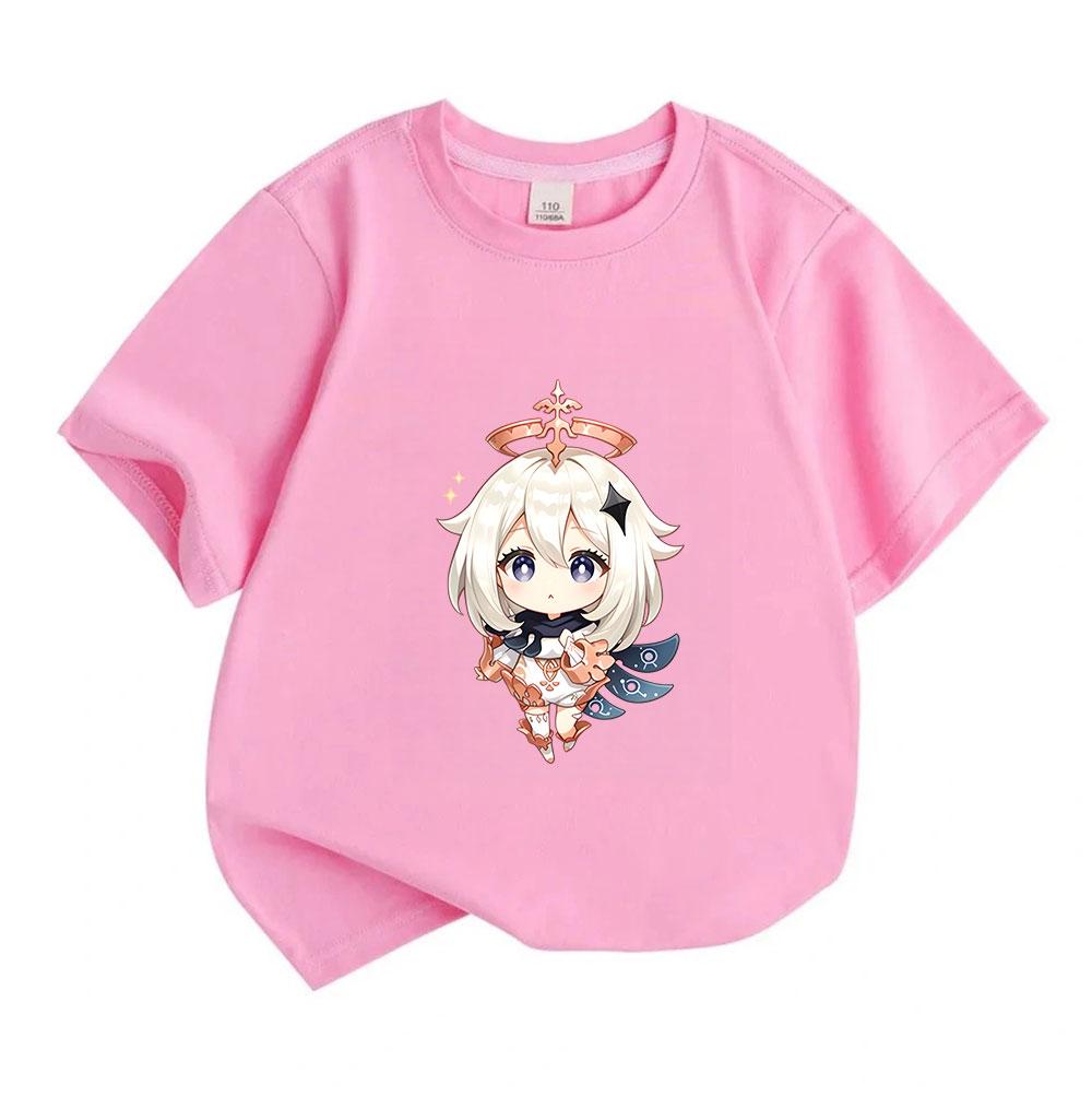 Kids Boys Girls Crew Neck Short Sleeve 100% Cotton T-Shirt, Cute Anime Chibi Character Printed Casual Soft Breathable Summer Tee for Daily Wear Outdoo