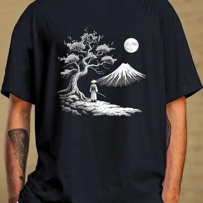 GILDAN Samurai unter blühendem Baum Herren T-Shirt - Baumwolle Comfort Fit Casual Sommer T-Shirt mit japanisch inspirierter Grafik Weich