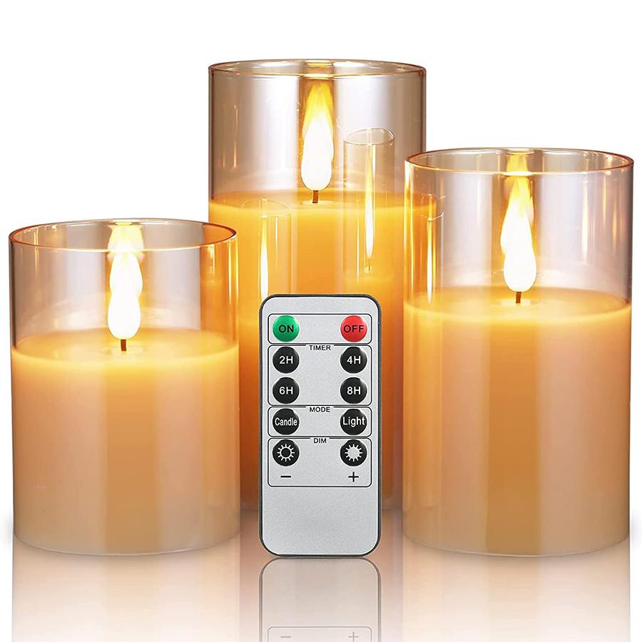 

Набор из 3 светодиодных беспламенных свечей, набор стеклянных свечей с эффектом движущегося фитиля из настоящего воска с дистанционным управлением, циклический таймер, 10 см, 12,5 см, 15 см