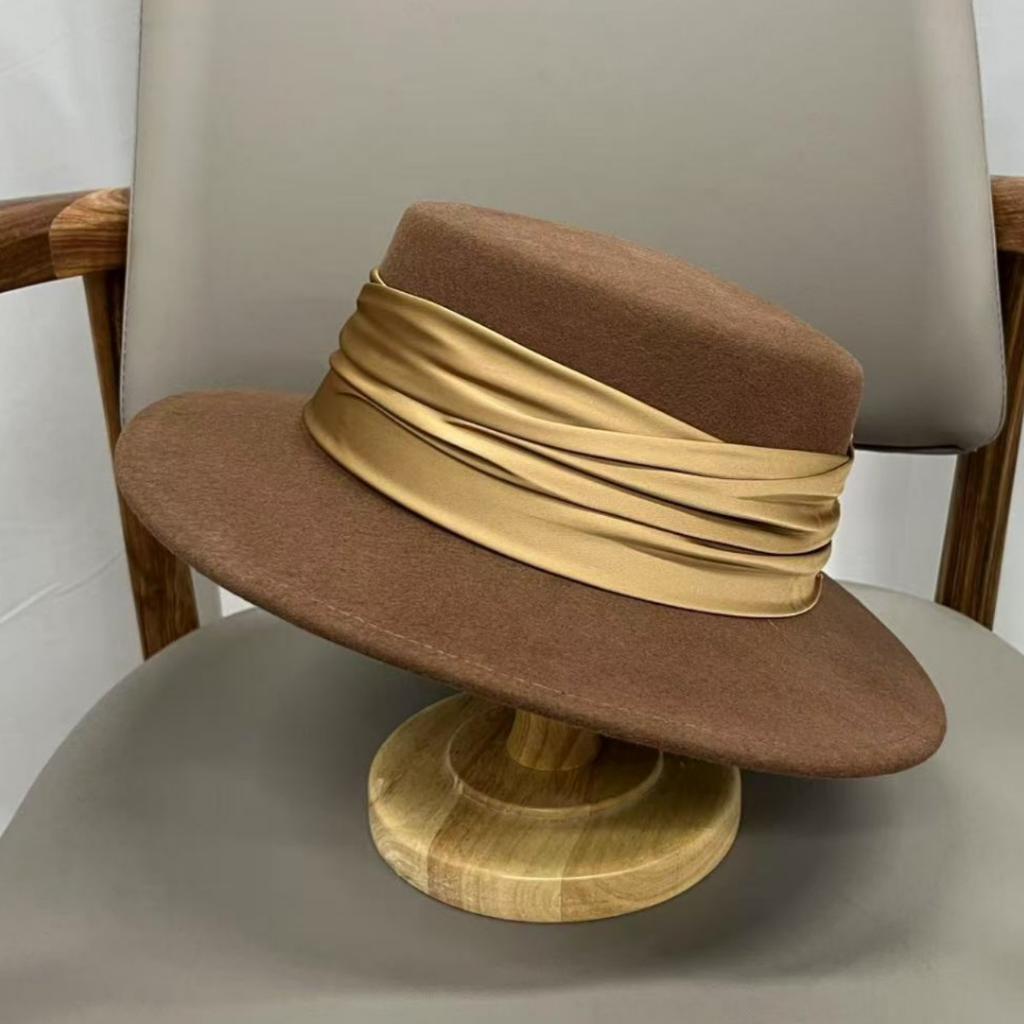 French elegant simple autumn and winter Australian wool flat top hat female Hepburn style retro fashion wide brim top hat felt hat