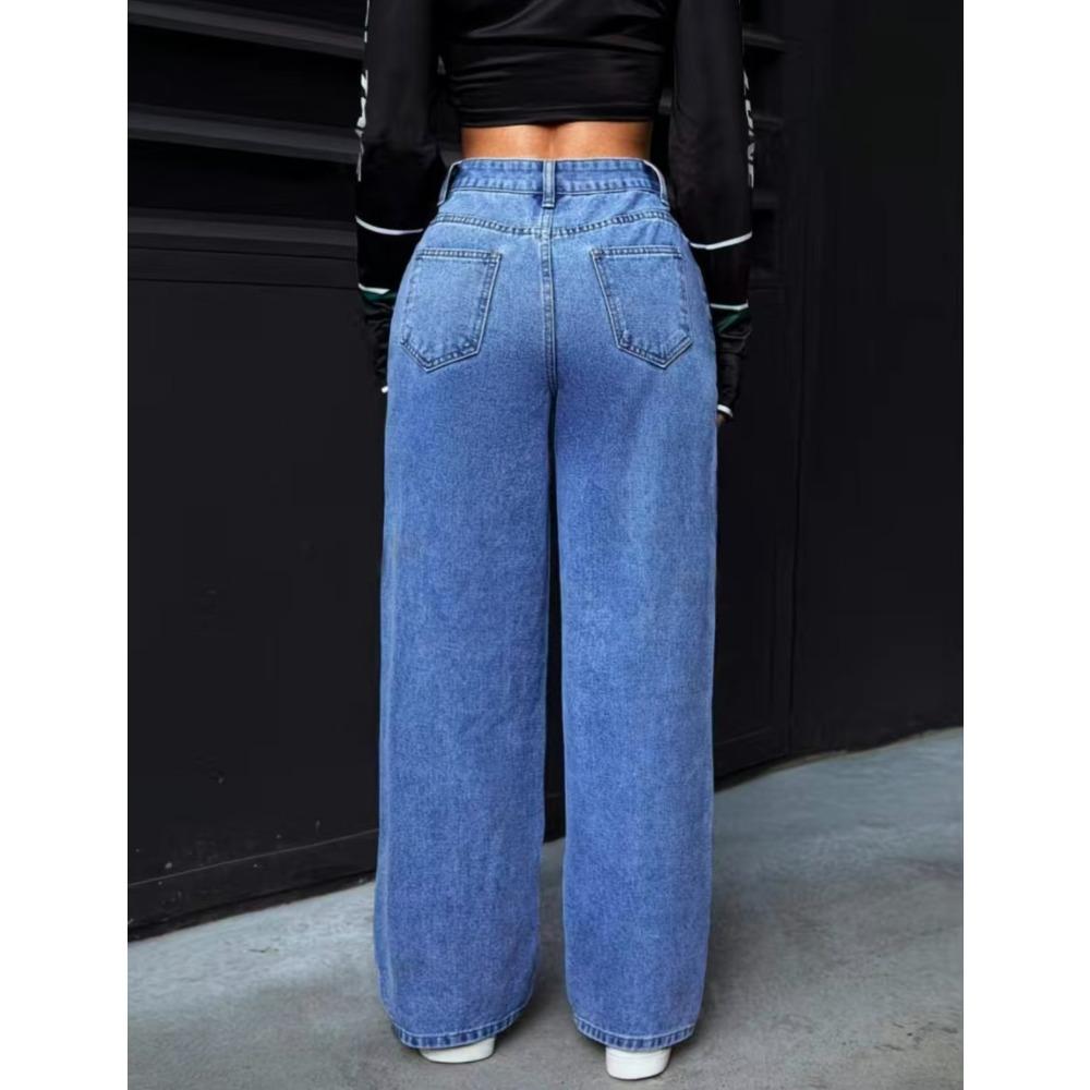 High-waisted Wide-leg Loose Stretch Straight Jeans for Women, Summer Style Loose Fit High-waisted Jeans Light Blue Cotton Casual Denim Pants