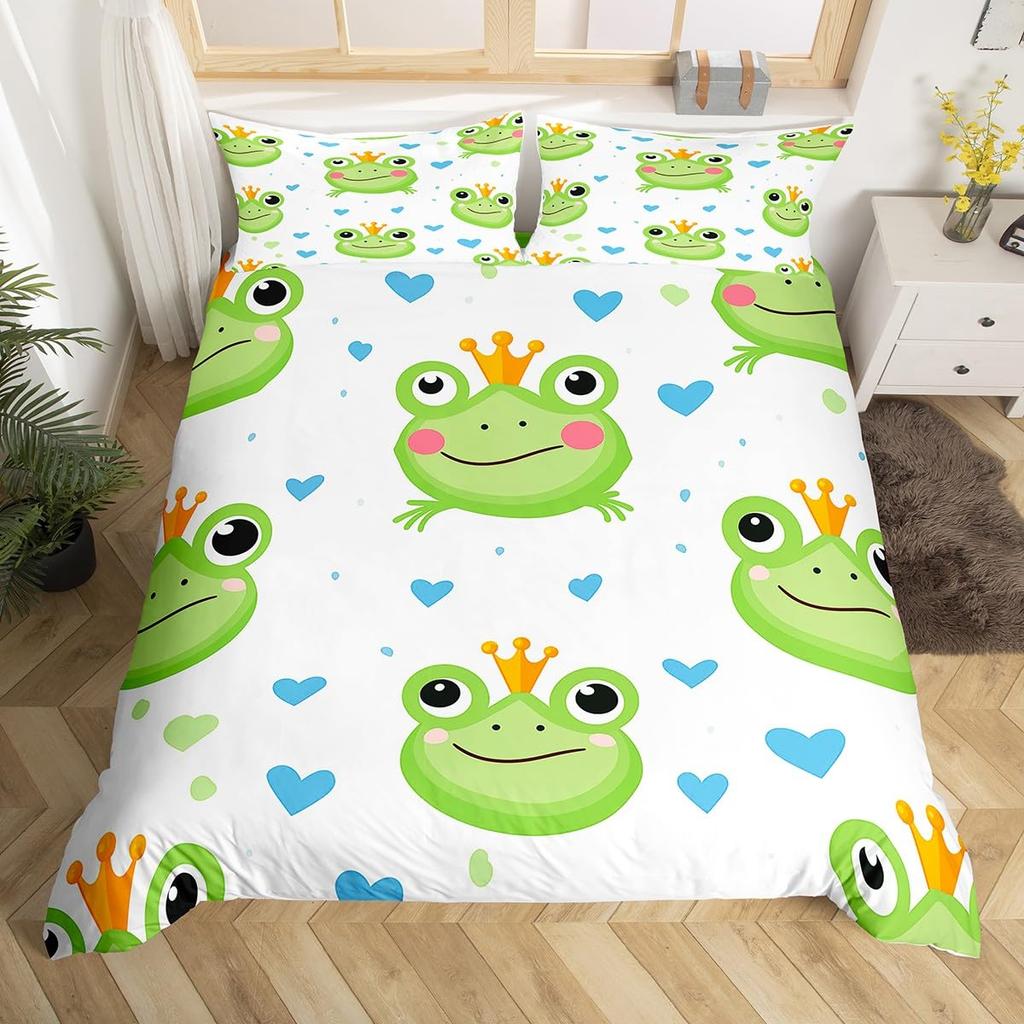Kawaii Frog Dynetrekk King Queen Tegneserie Dyretema Sengesett Funny Wildlife Dynetrekk Barn Soverom Mykt Dynetrekk