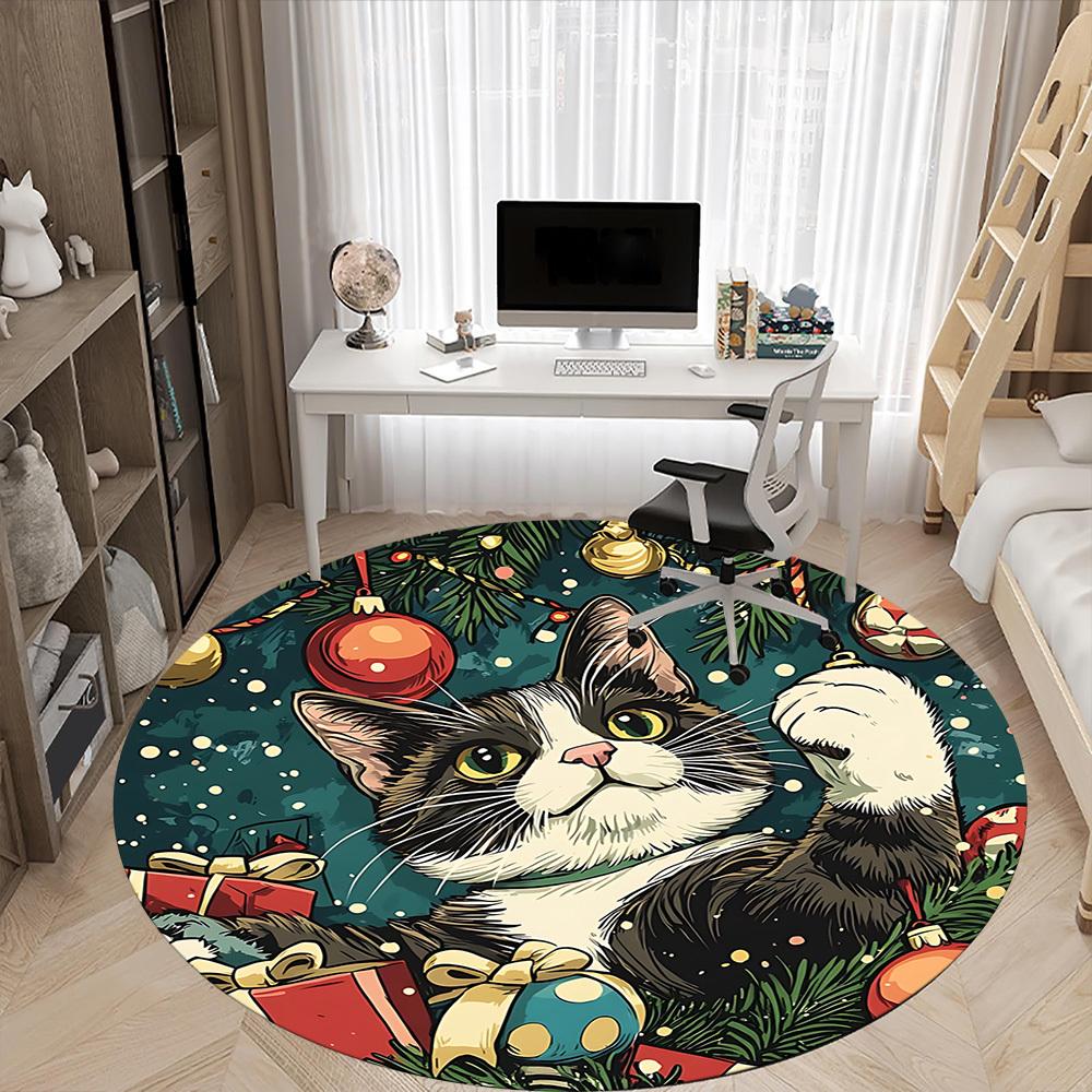 1pc Christmas Cat Decorations Carpet for Office Non Slip, Round Carpet, Soft & Comfortable, Carpet for Office, Lightweight Round Floor Mat