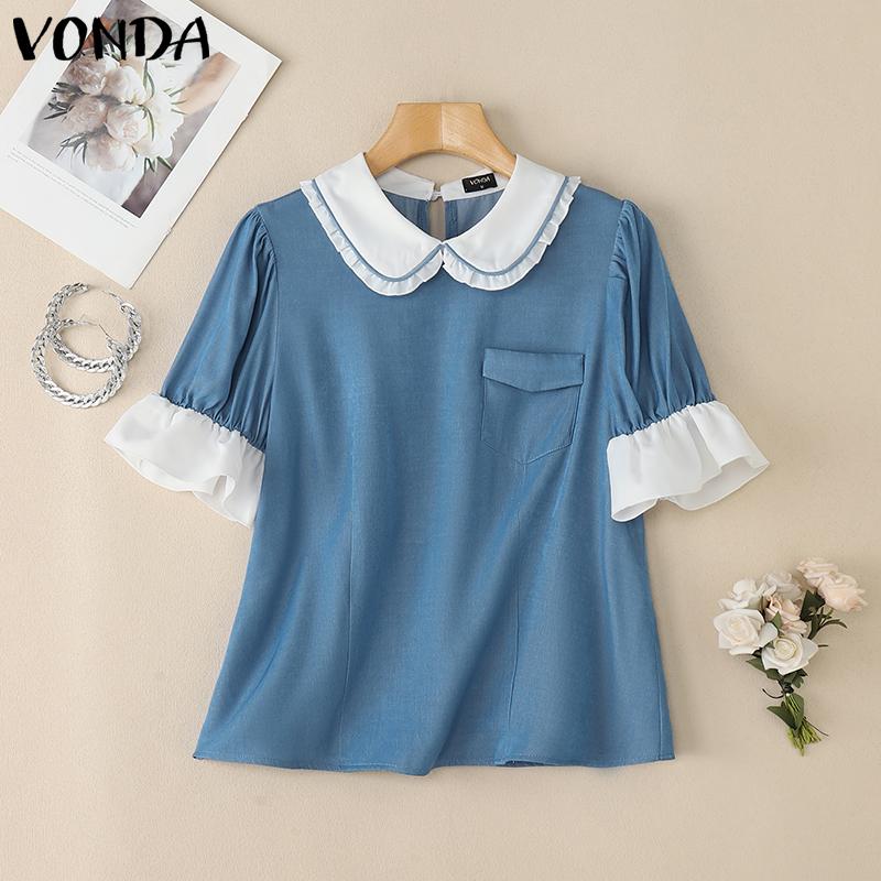 

VONDA Женская летняя блузка кэжуал с кукольным воротником, оборками и лоскутным шитьем L синий