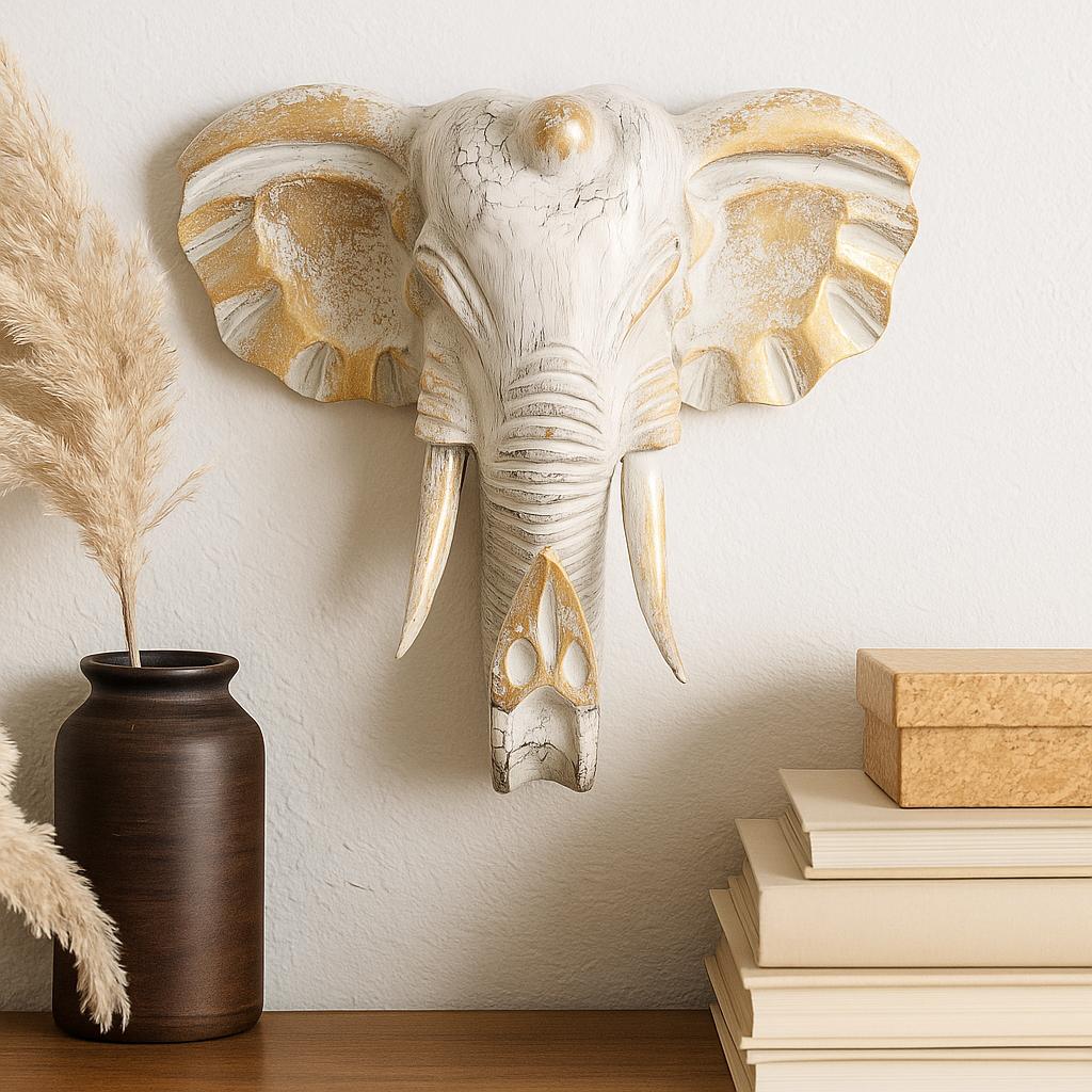 Shamtam Gold Elephant Head - Large Wooden Whitewash