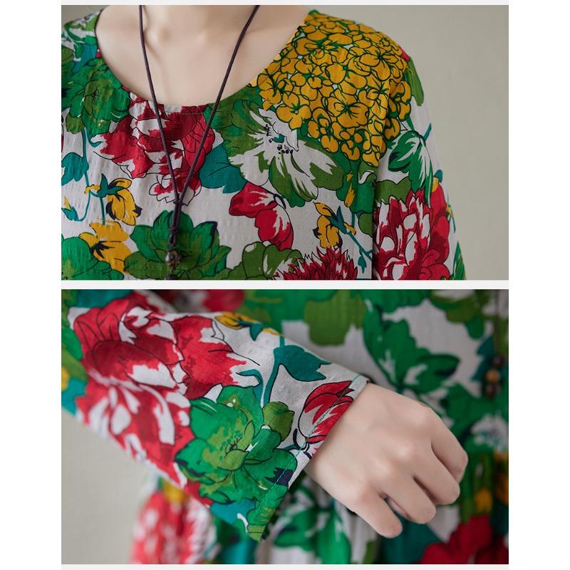 Big Size Women's Printed Cotton Linen Long Dress Female Spring and Summer Loose Literary Temperament Thin Round Neck Retro Long-sleeved Dresses