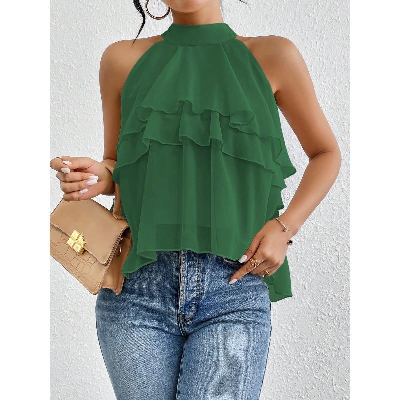 Fashionable temperament all-match solid color halter neck sleeveless irregular ruffled top