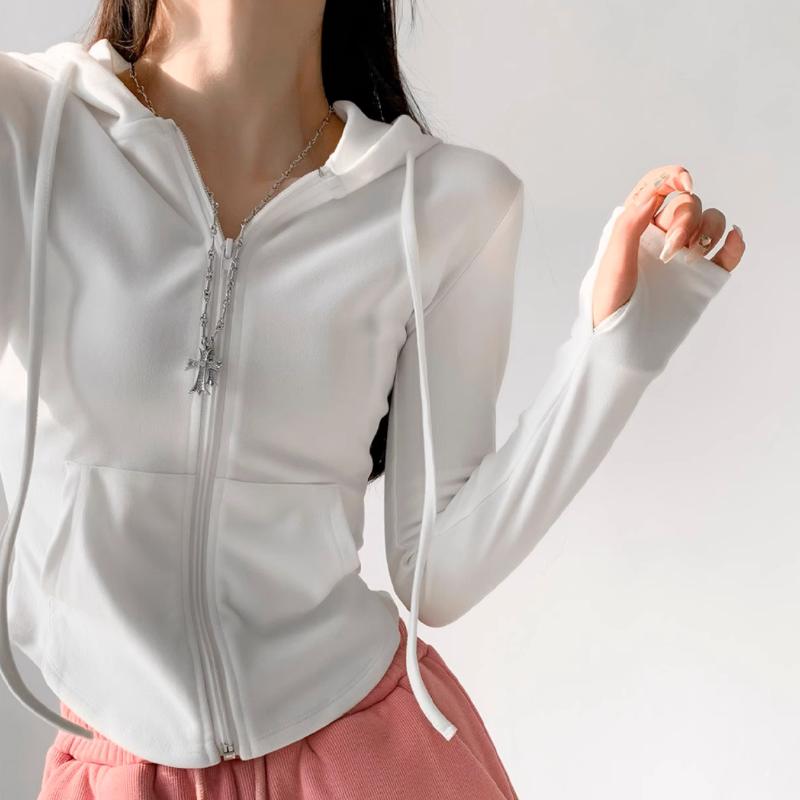 Podzimní móda zkrácené mikiny Dámská mikina s kapucí na zip Korejská módní mikiny Roztomilé s kapucí s dlouhým rukávem Crop Top Sexy Slim