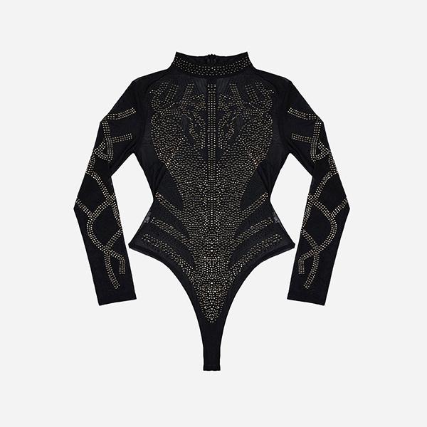 

Сетчатое боди с длинными рукавами и искусственным бюстье со стразами M чёрный