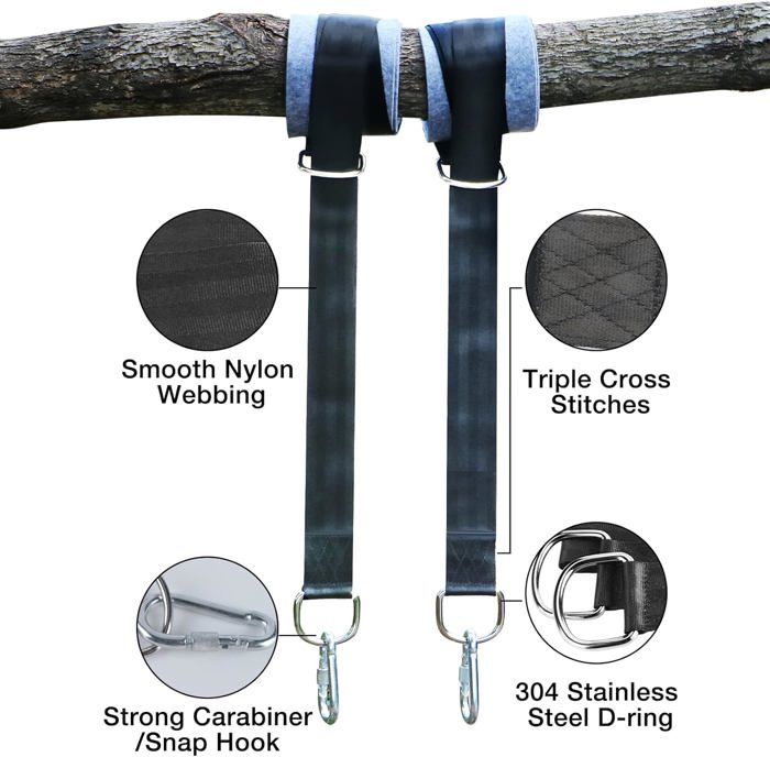 Sangles pour Hamac - Ultra Résistant - 150CM - 2 Crochets Mousquetons - Charge 500KG - Noir