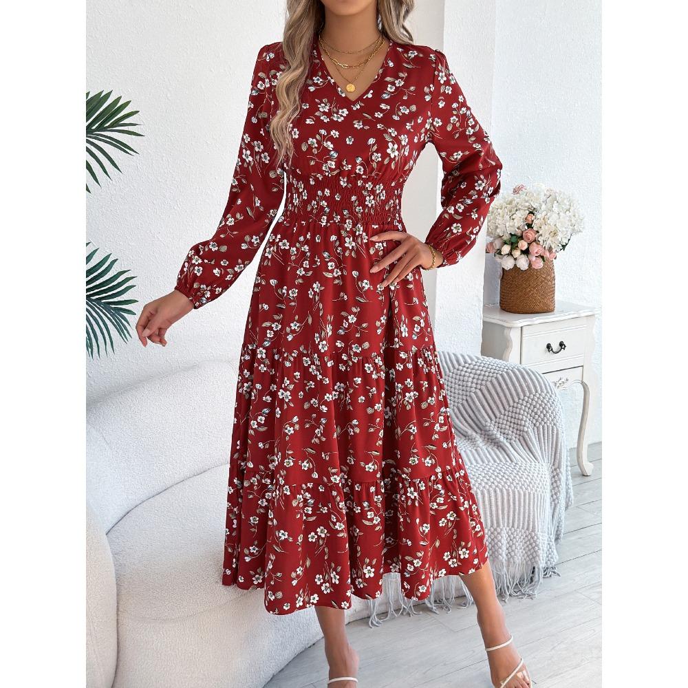 Robes Femme Mode Élégantes Florales Col V Manches Longues Taille Volants A-Ligne