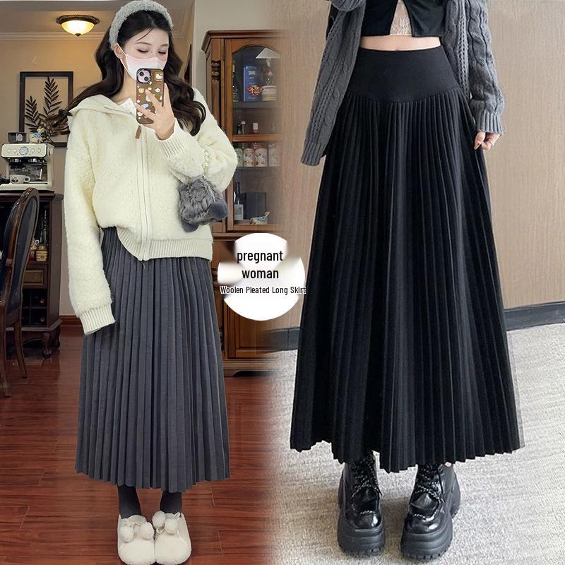 Maternity Woolen Pleated High-Waisted A-Line Long Skirt for Autumn/Winter 2026