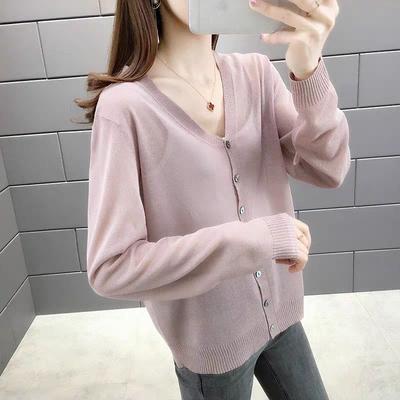 Spring and Summer Outer Long-sleeved Thin Loose Sunscreen Top Fashionable Foreign Style Solid Color Simple V-neck Ice Silk Knitted Sweater Women