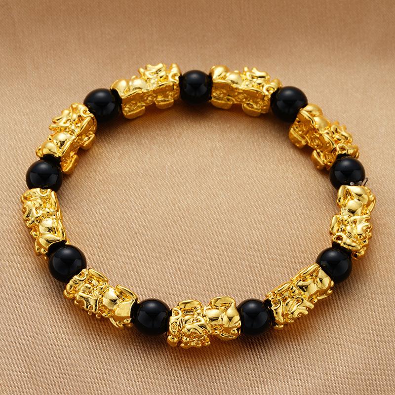 Black and Red Agate Couple's Pixiu Bracelet Sand Gold Bracelet Gold-plated Hand Jewelry Beads for Men and Women