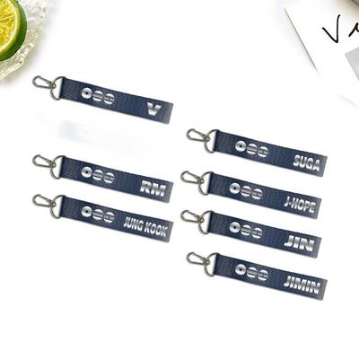 BTS Member Name Denim Key Lanyard, Navy Blue Woven Strap with Silver Print, Bangtan Boys ARMY Fans Phone/Key Accessory