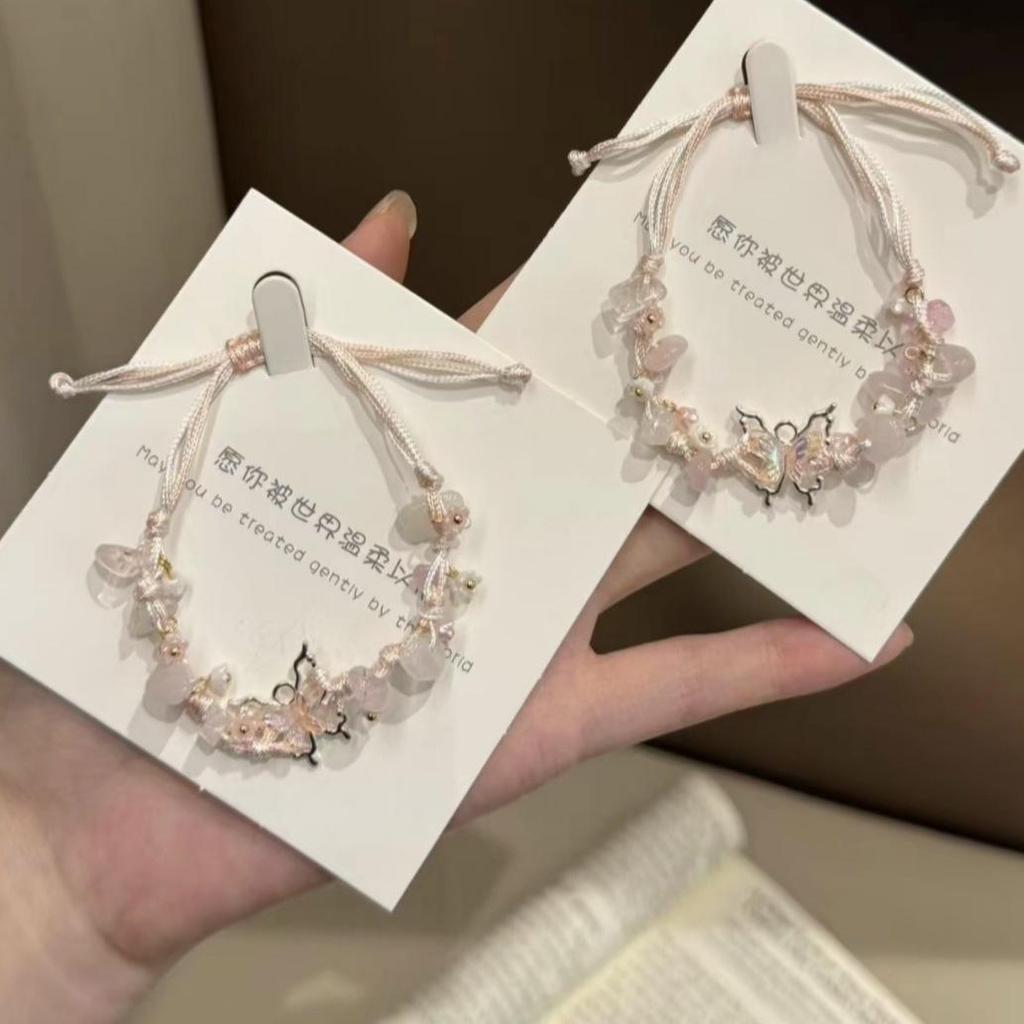 New Chinese Handmade Sweet Lotus & Butterfly Bracelet with Osmanthus & Cat Charm