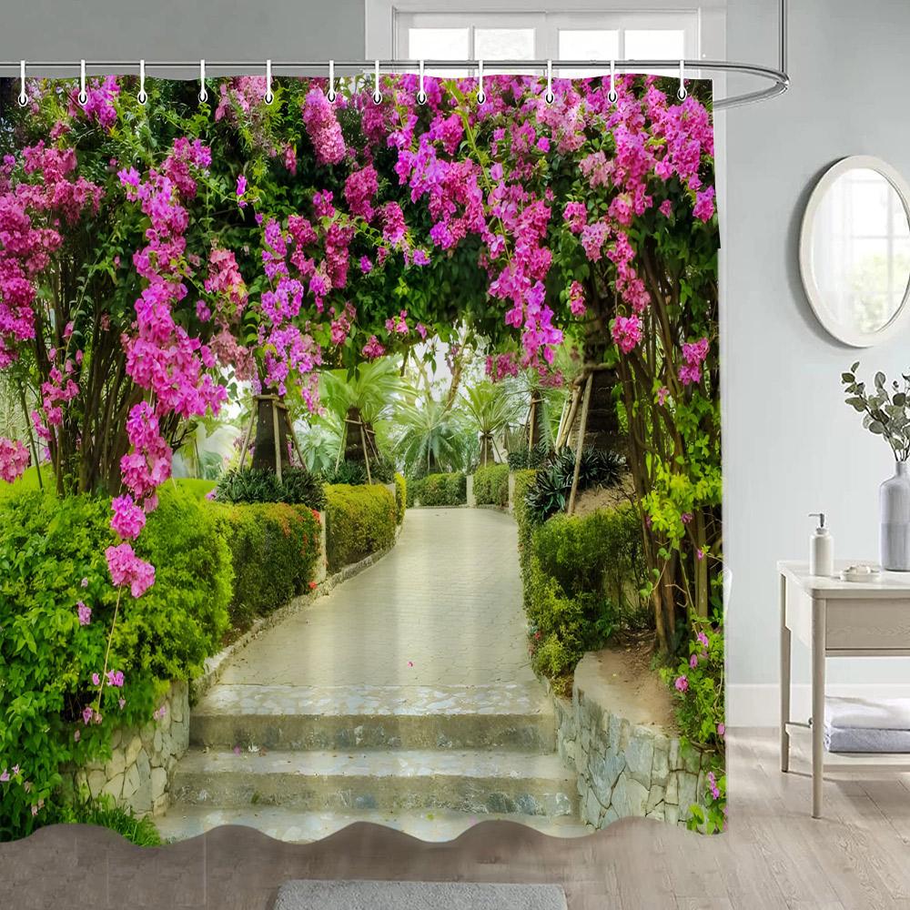 Garden Flowers Scenery Shower Curtains Natural Rustic Pink Floral Plant Modern Wall Hanging Polyester Bathroom Curtain Decor Set